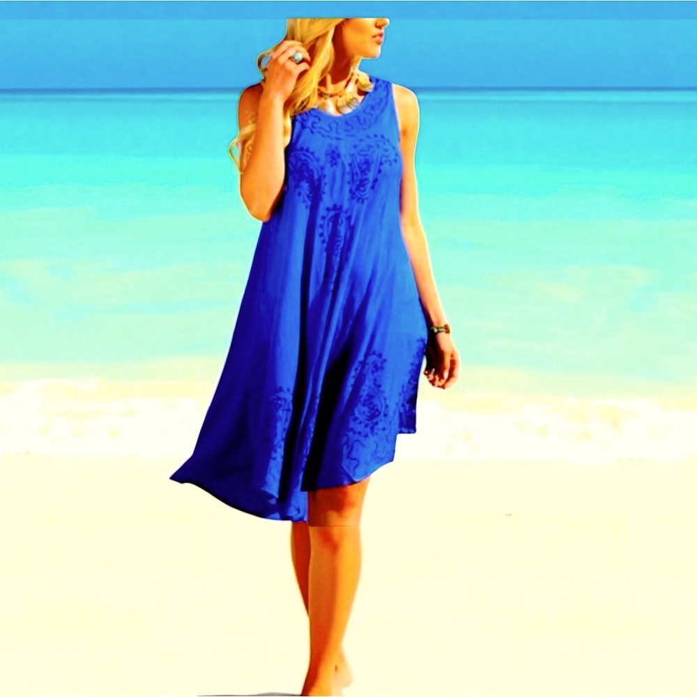 NEW• Zen Bohemian Ananda’s Beachy Royal Blue Embroidered Swing Dress• 1X-2X